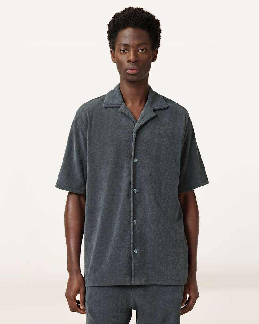 all saints Felix Relaxed Towel Short Sleeve Ramskull Shirt Pitched Blue