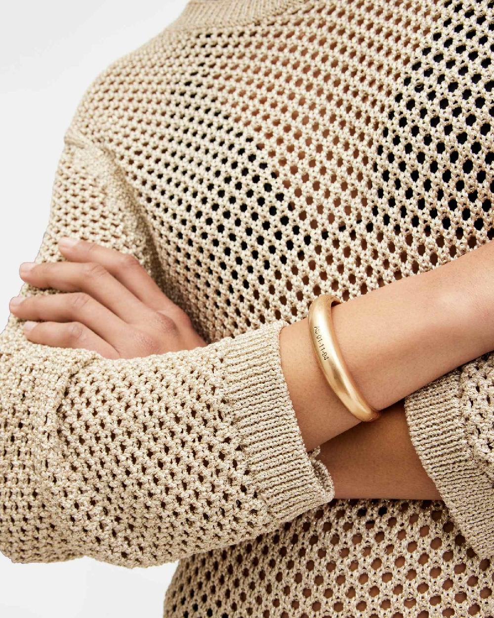 All Saints Fern Engraved Logo Hinged Bangle Bracelet Warm Brass