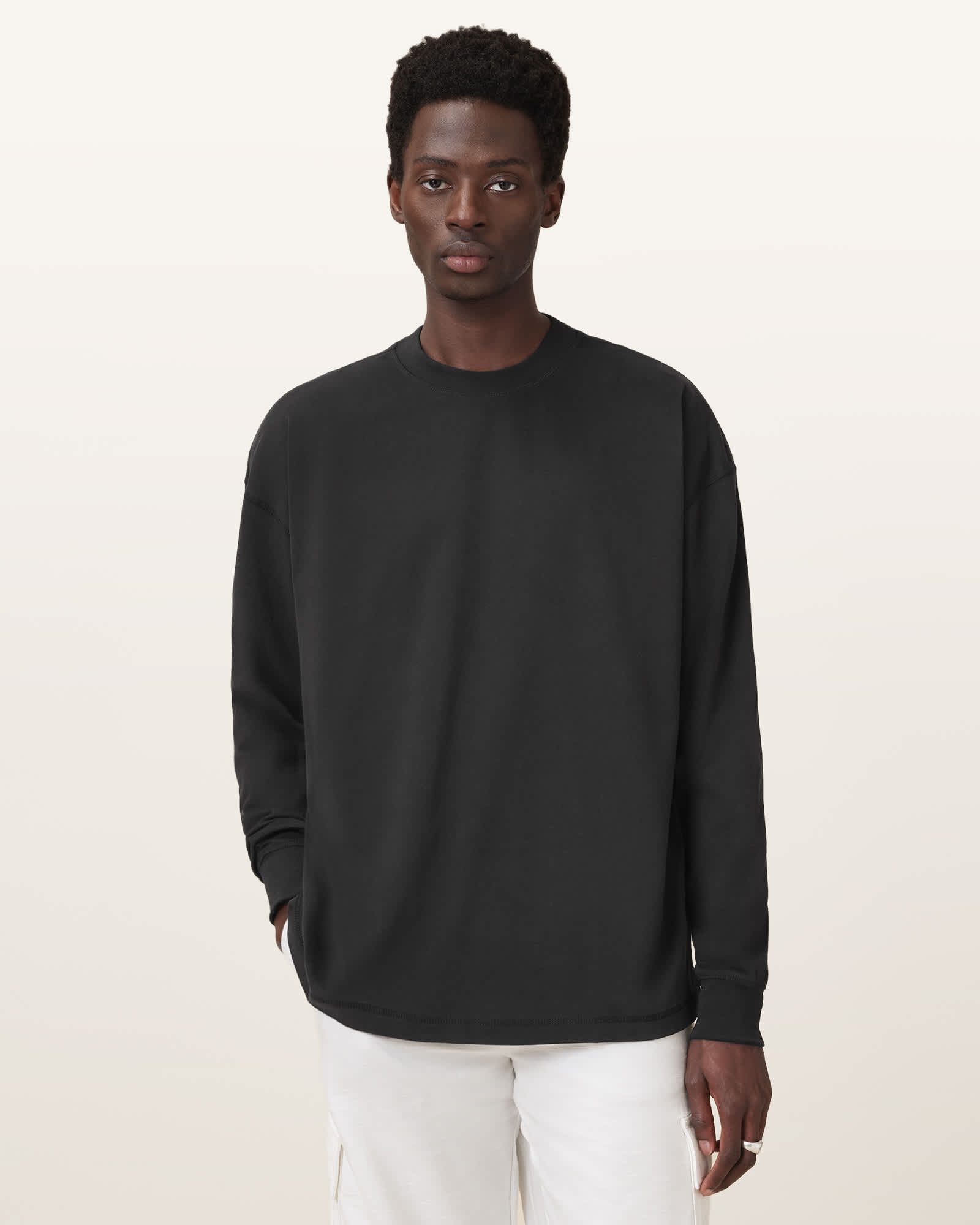 All Saints Finn Long Sleeve Crew Neck Oversized T-Shirt Jet Black