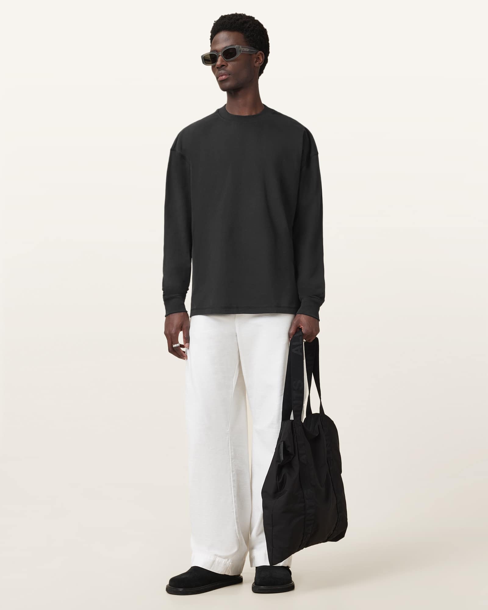 All Saints Finn Long Sleeve Crew Neck Oversized T-Shirt Jet Black