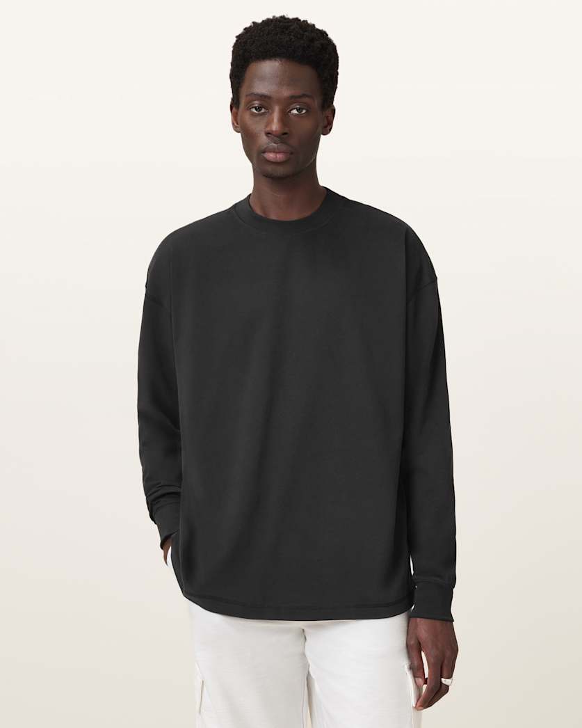 all saints Finn Long Sleeve Crew Neck Oversized T-Shirt Jet Black