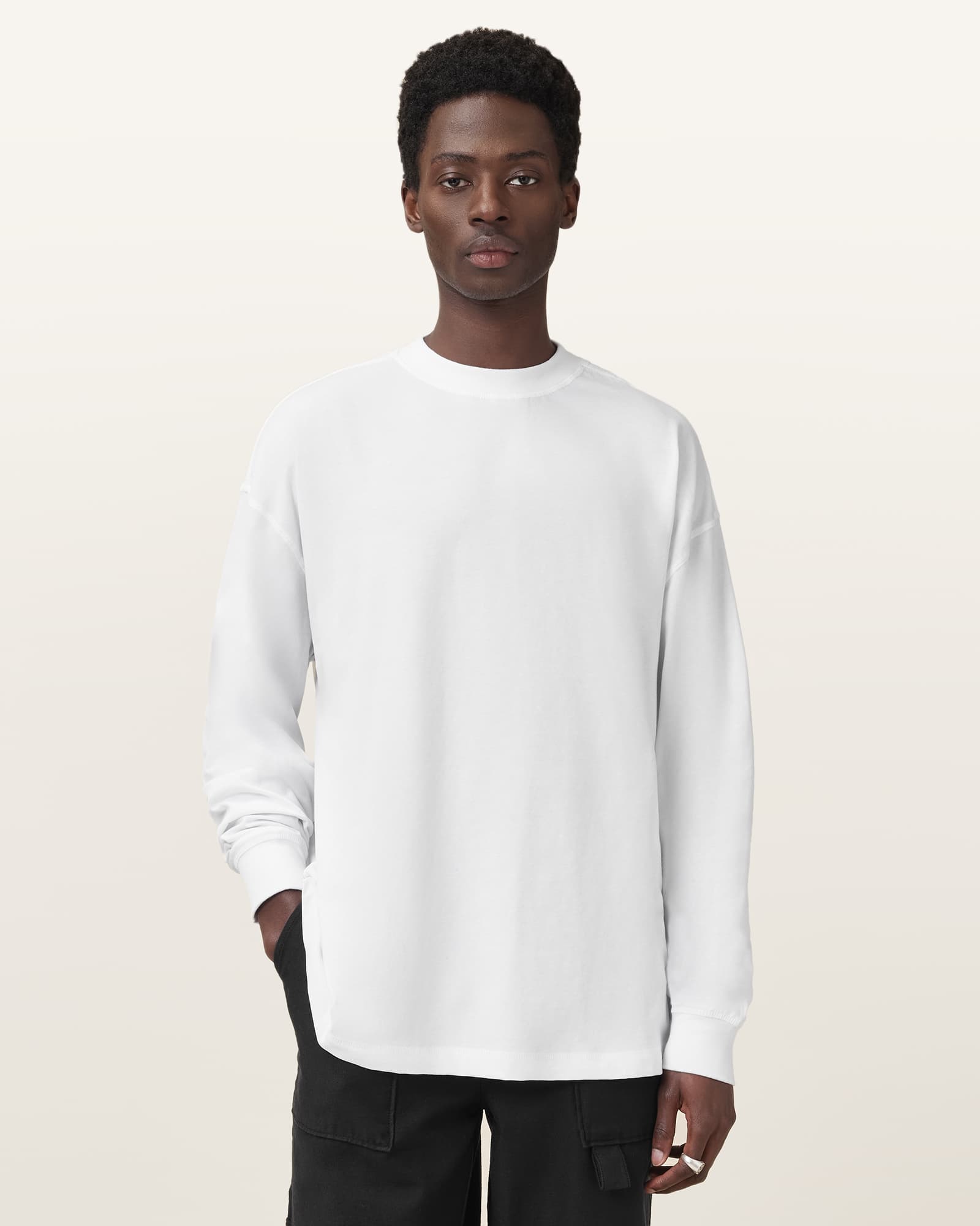 All Saints Finn Long Sleeve Crew Neck Oversized T-Shirt Optic White