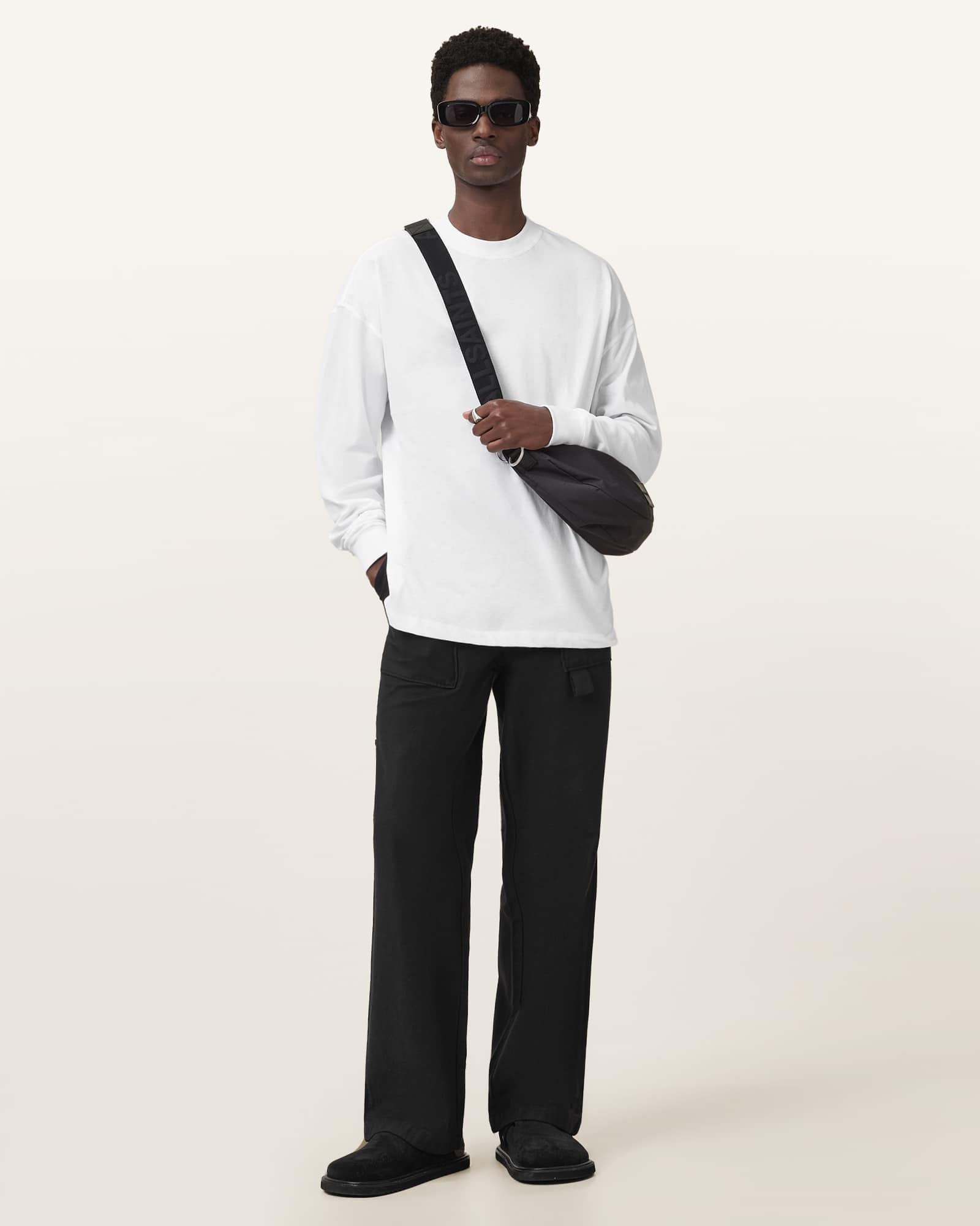 All Saints Finn Long Sleeve Crew Neck Oversized T-Shirt Optic White