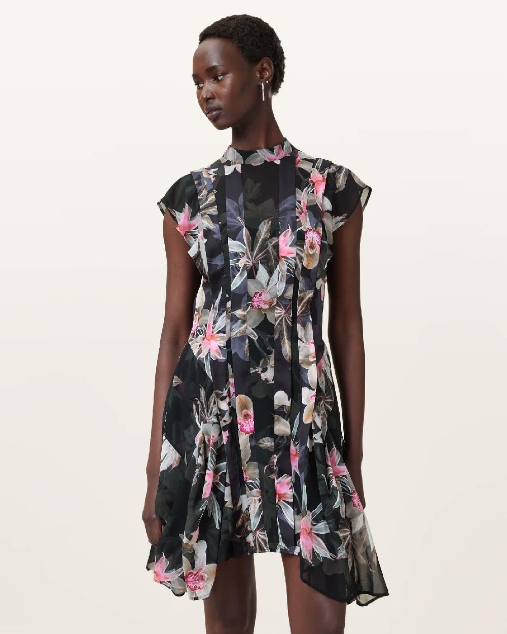 All Saints Fleur Printed Asymmetric Mini Dress Adena Black