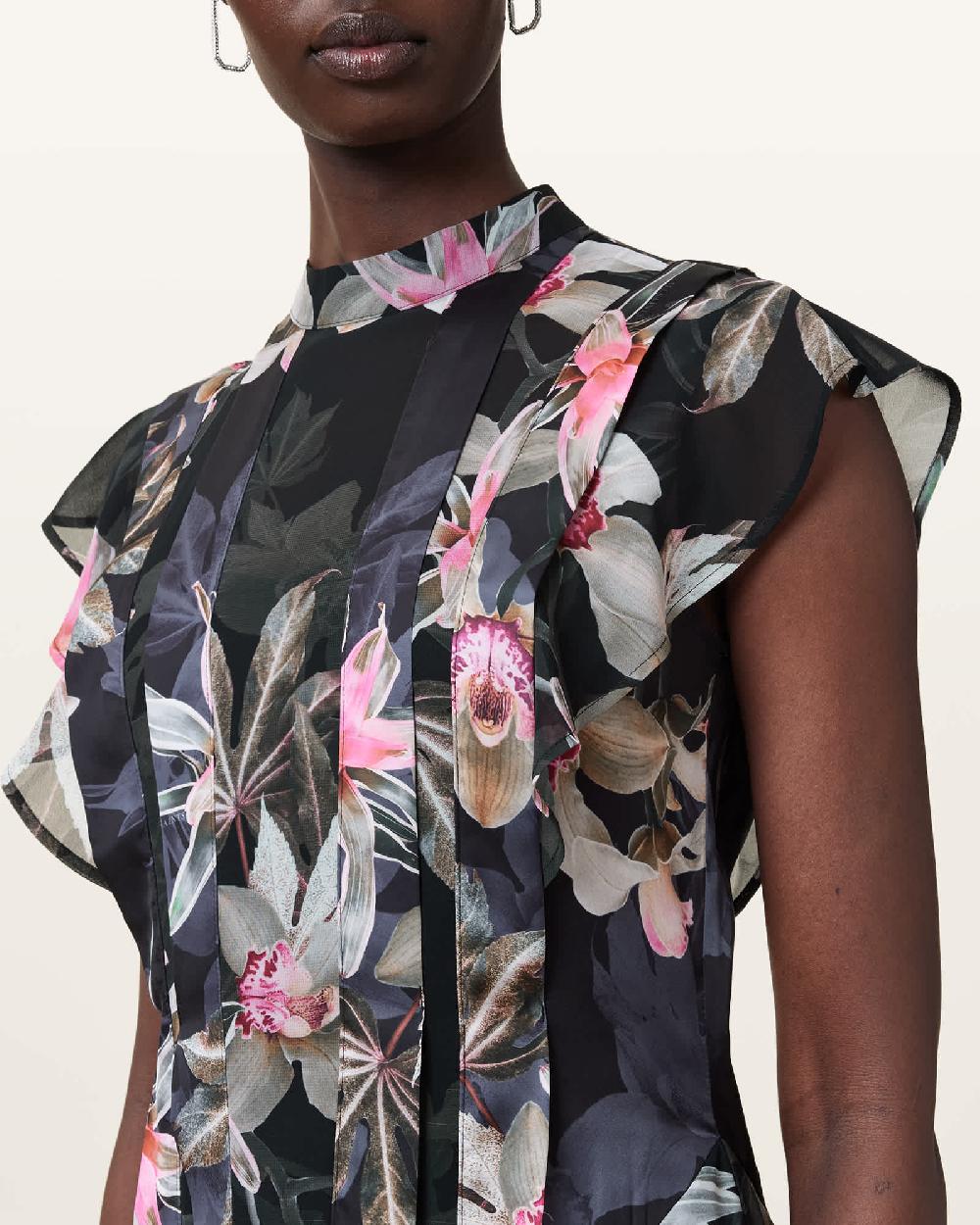 All Saints Fleur Printed Asymmetric Mini Dress Adena Black