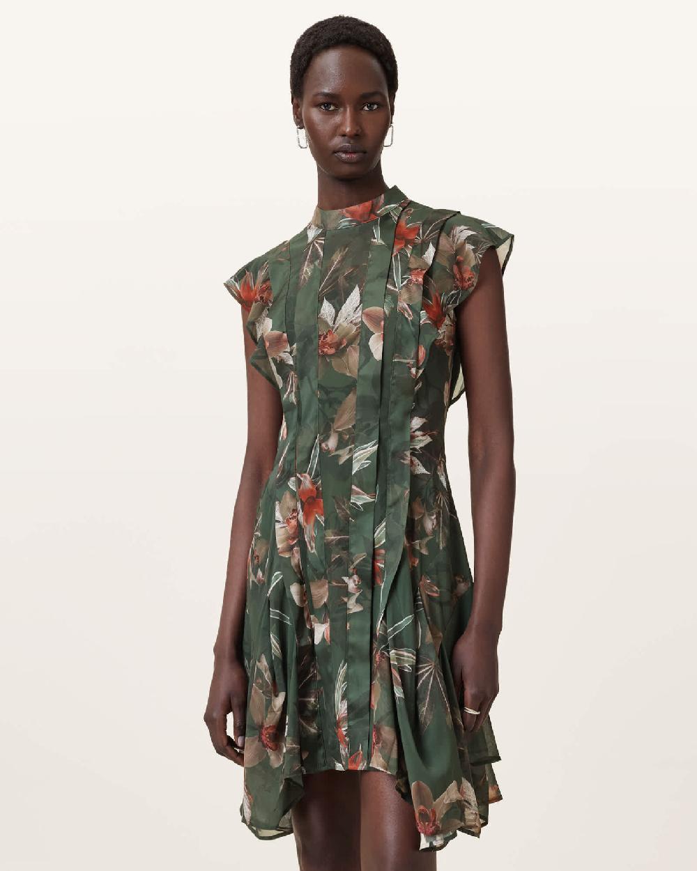 All Saints Fleur Printed Asymmetric Mini Dress ADENA KHAKI GREEN