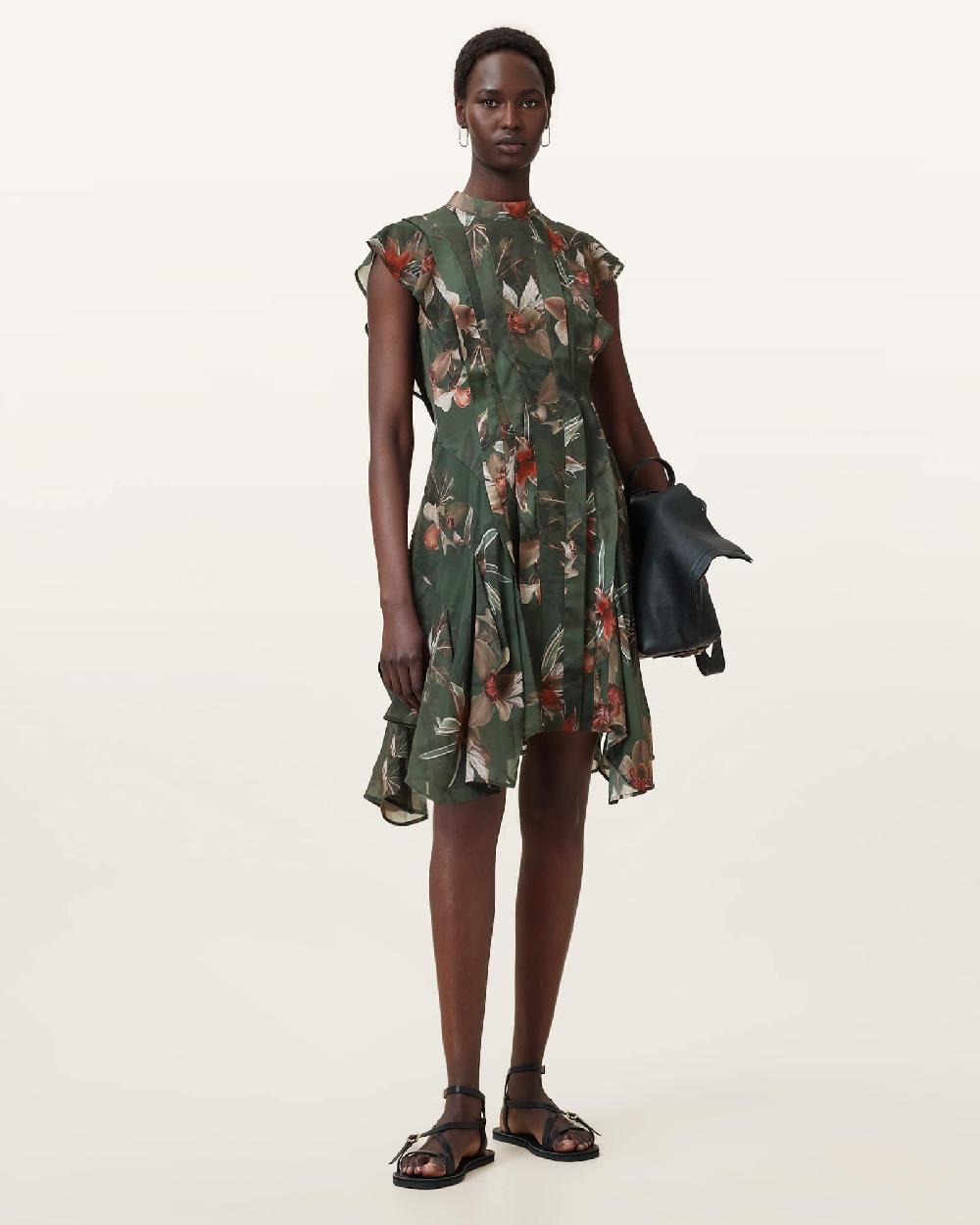 All Saints Fleur Printed Asymmetric Mini Dress ADENA KHAKI GREEN