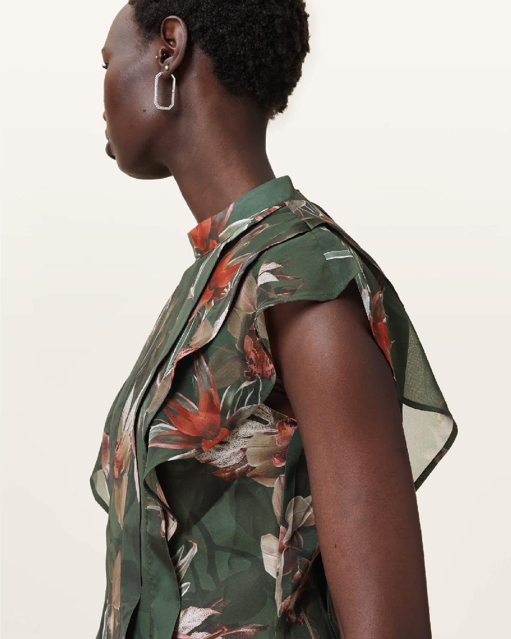 All Saints Fleur Printed Asymmetric Mini Dress ADENA KHAKI GREEN