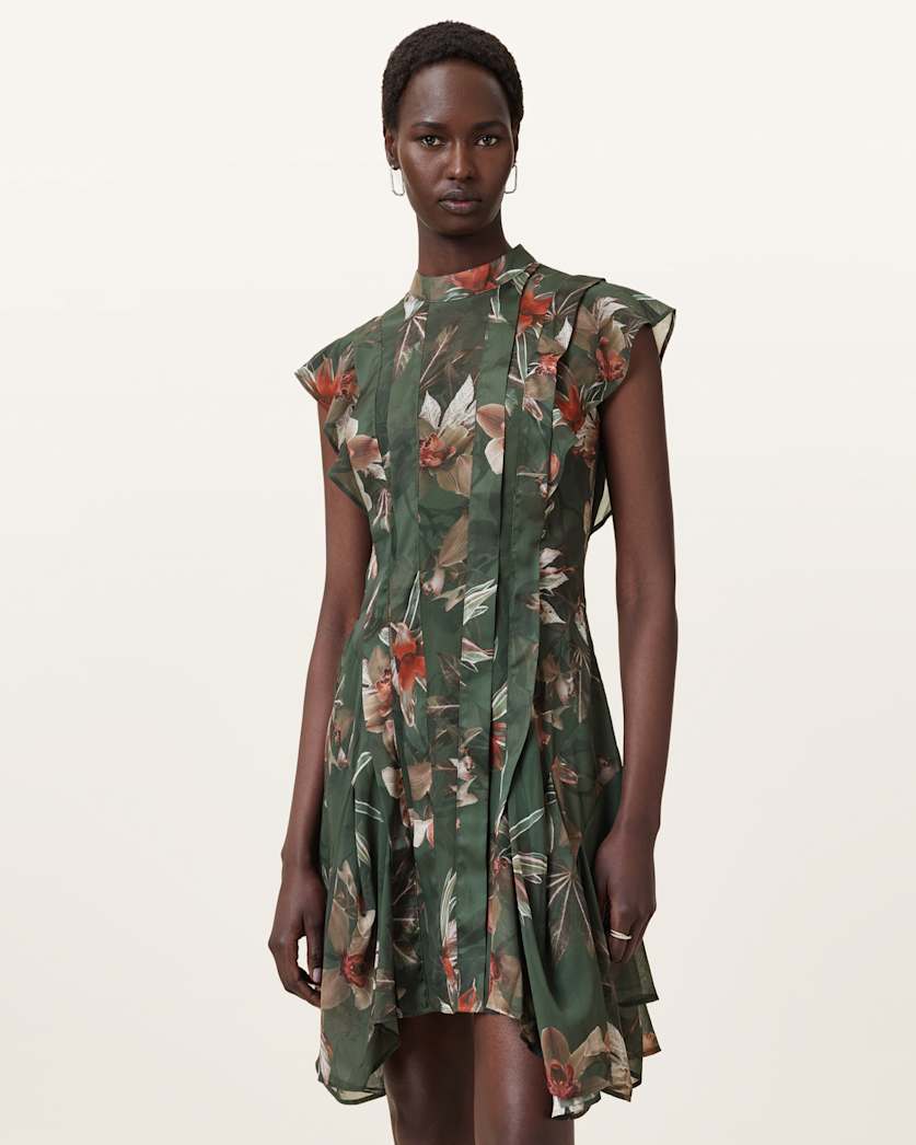 all saints Fleur Printed Asymmetric Mini Dress ADENA KHAKI GREEN