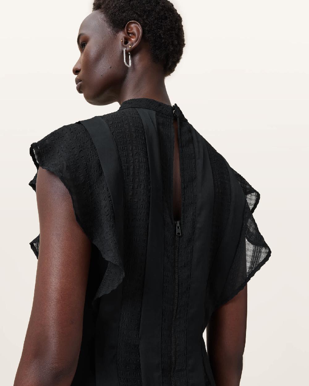 All Saints Fleur Textured Asymmetric Hem Dress Black