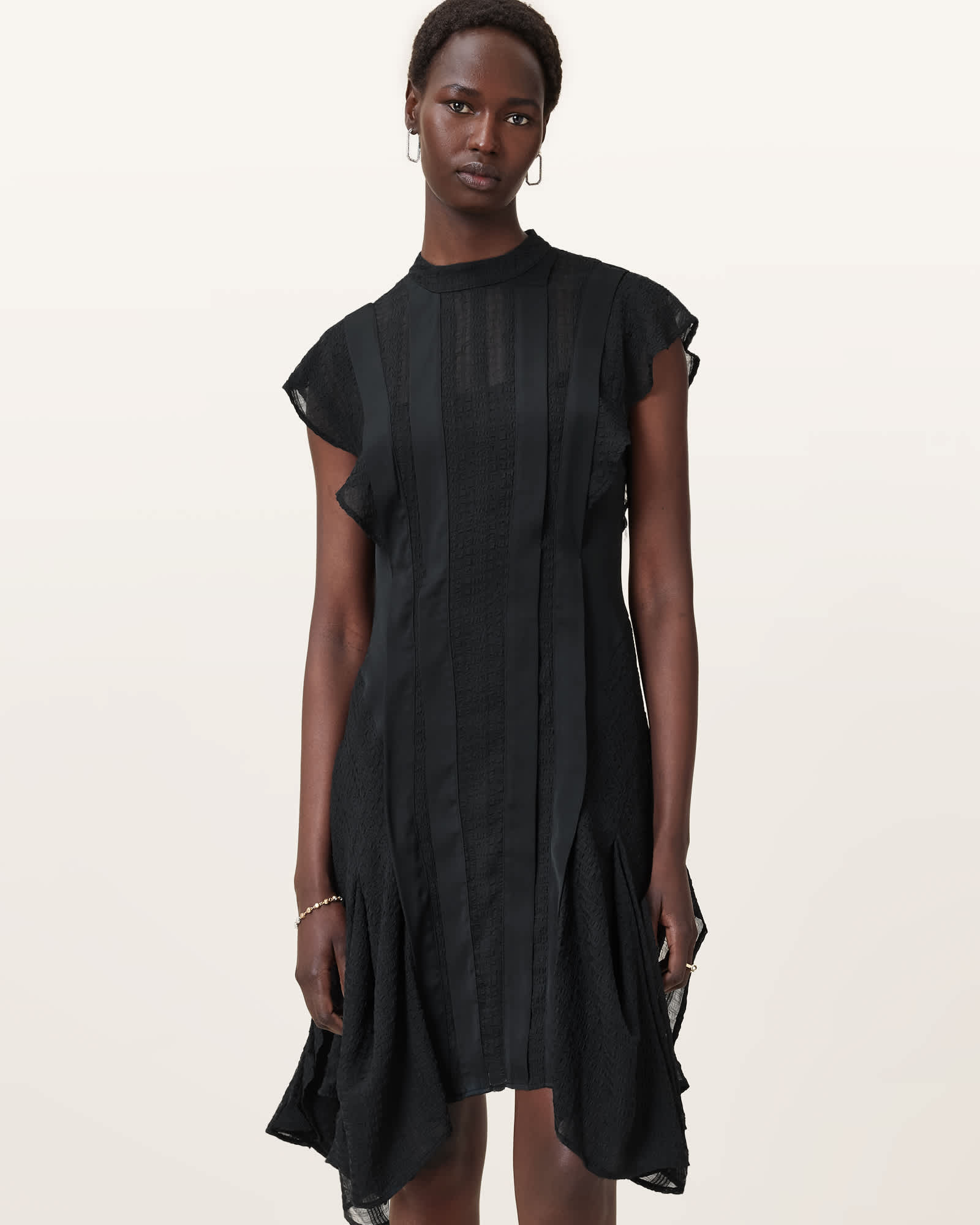 All Saints Fleur Textured Asymmetric Hem Dress Black