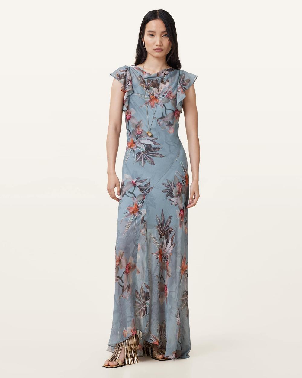 All Saints Flora Printed Maxi Dress Adena Dusty Blue