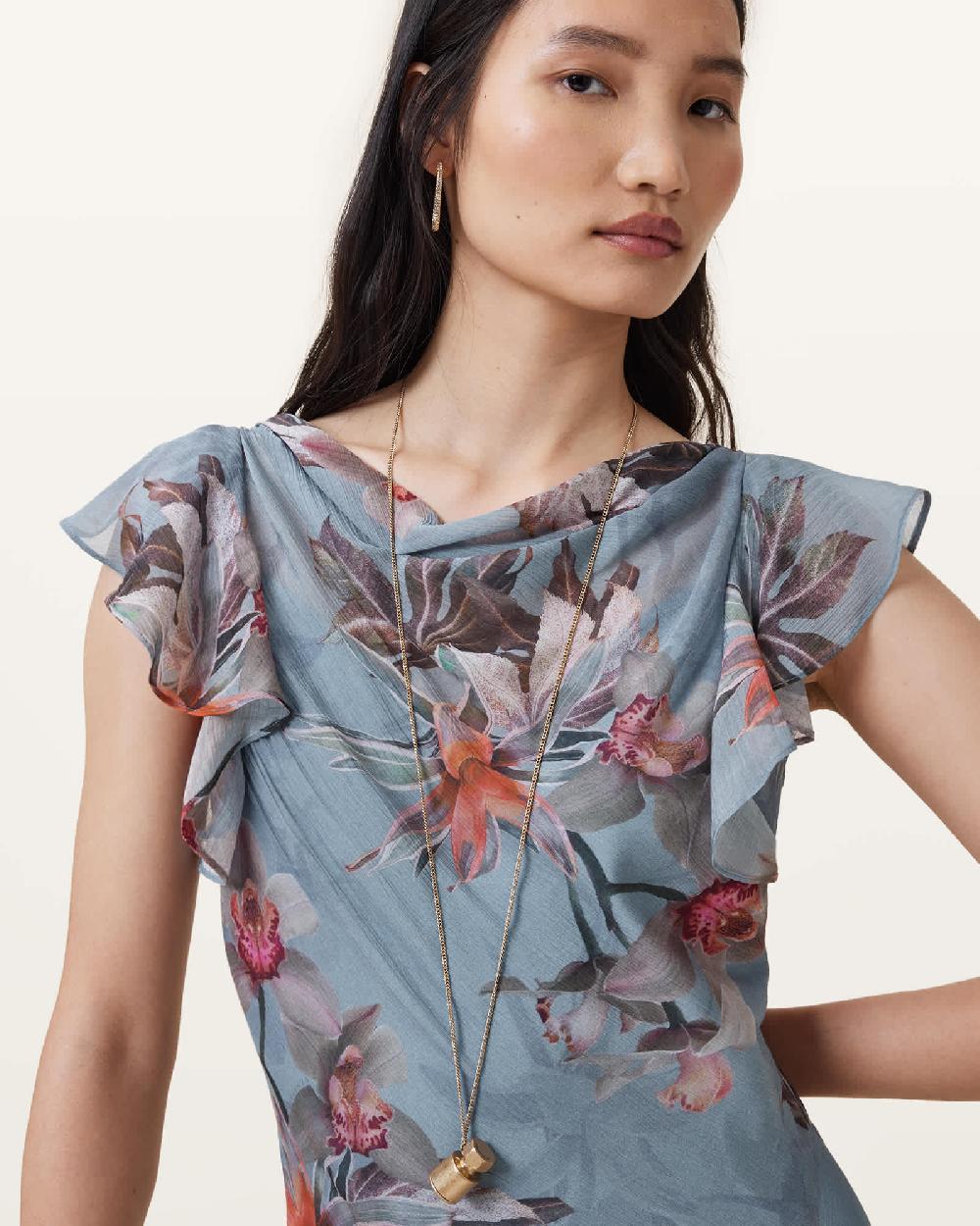 All Saints Flora Printed Maxi Dress Adena Dusty Blue