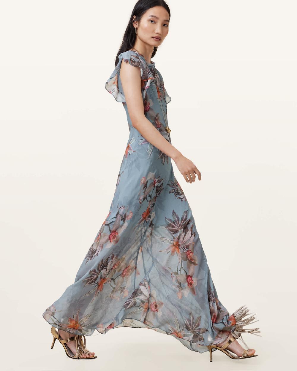 All Saints Flora Printed Maxi Dress Adena Dusty Blue