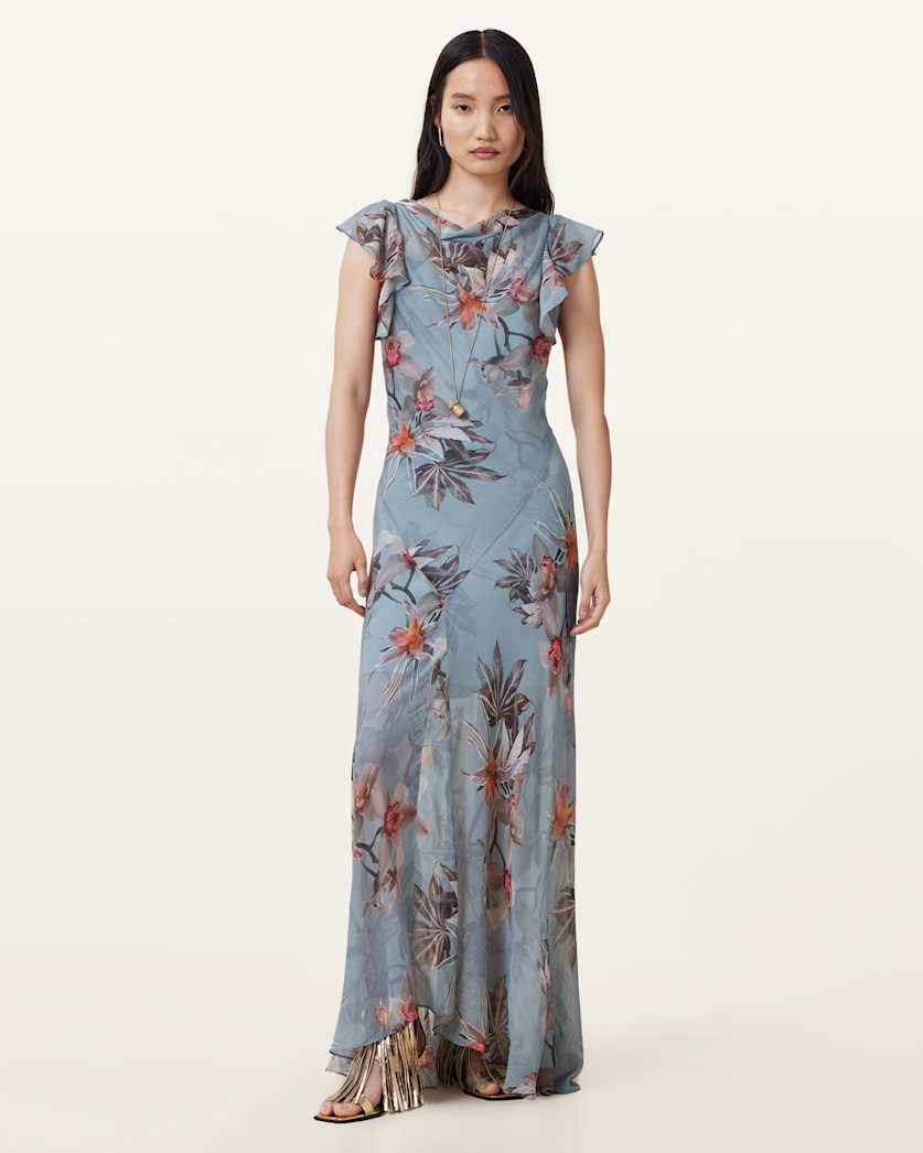 all saints Flora Printed Maxi Dress Adena Dusty Blue