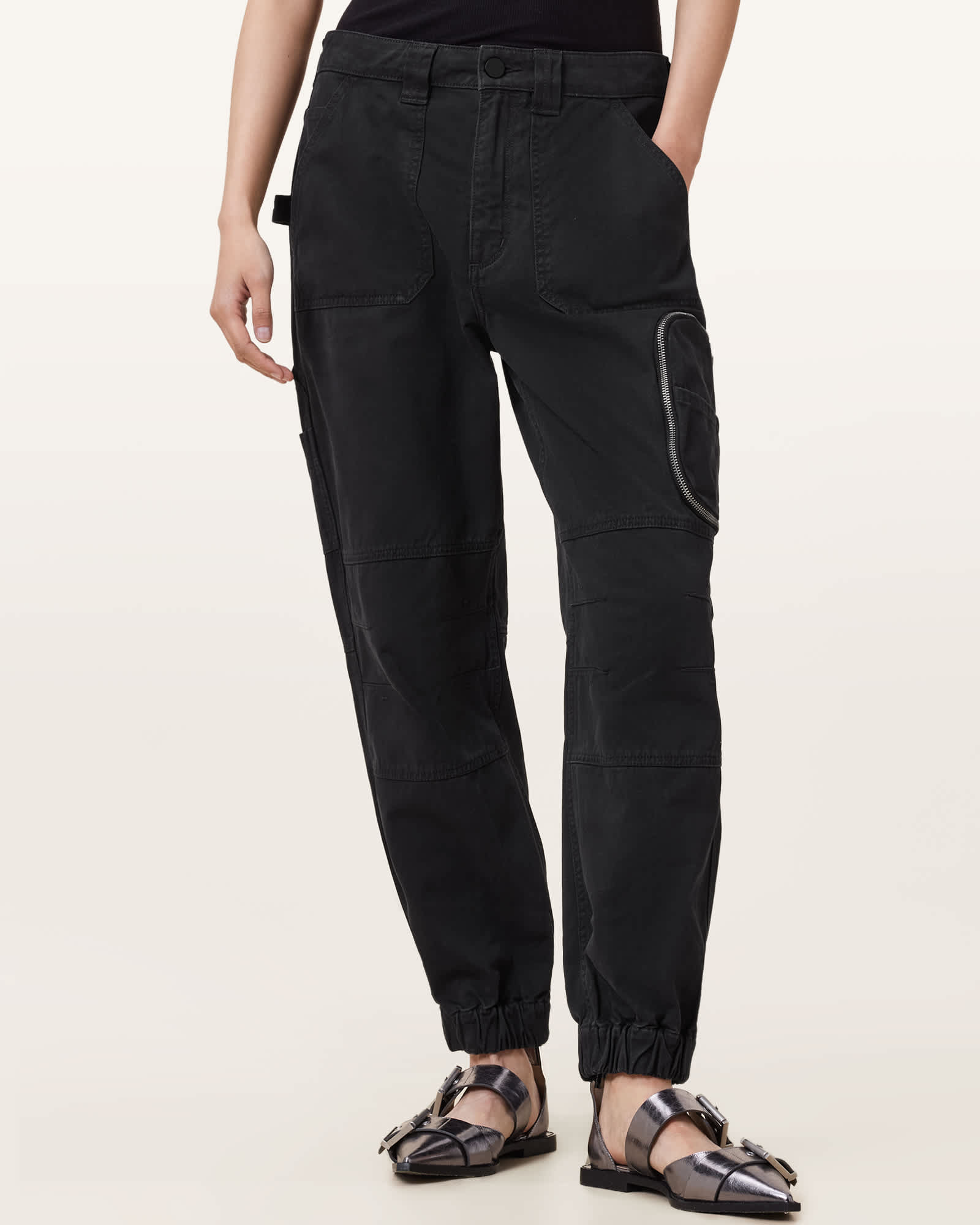 All Saints Florence Cargo Jogger Pants Washed Black