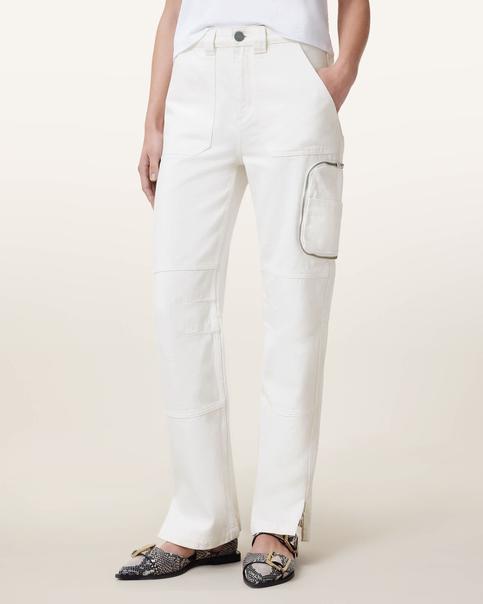 All Saints Florence Straight Leg Cargo Jeans Off White