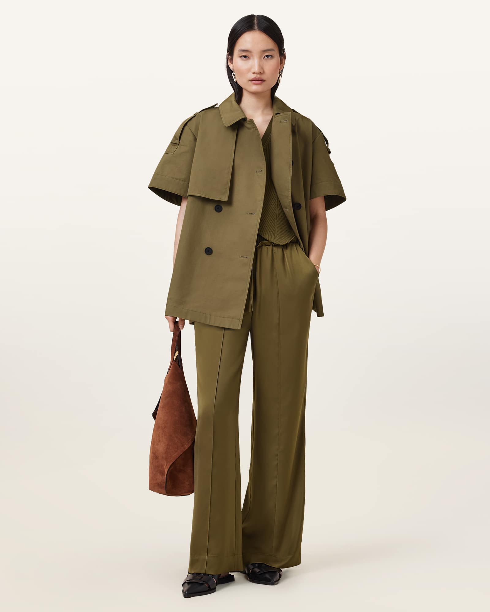 All Saints Flow Short Sleeve Trench Jacket FIR GREEN