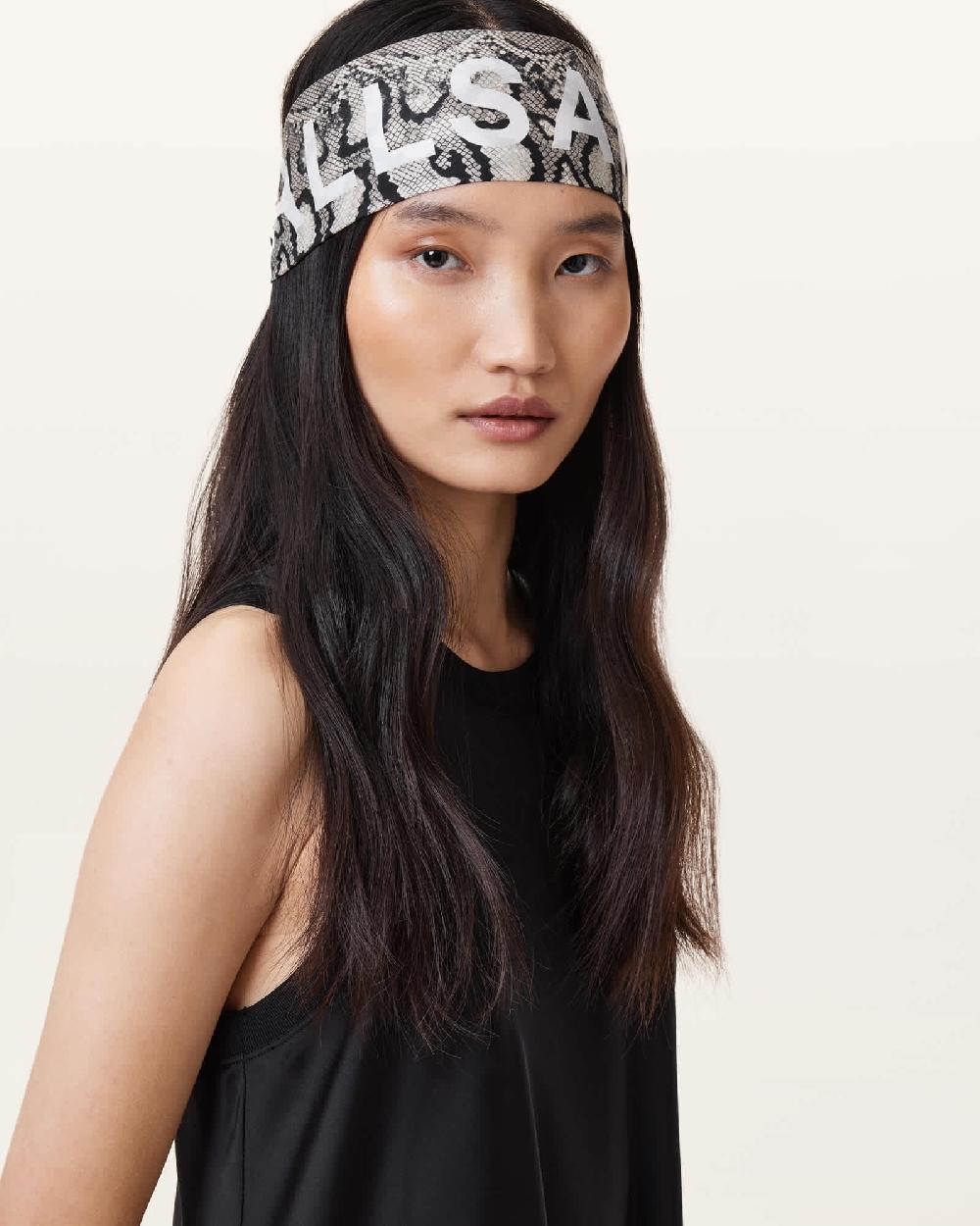 All Saints Flow Snake Print Logo Headscarf Ecru White