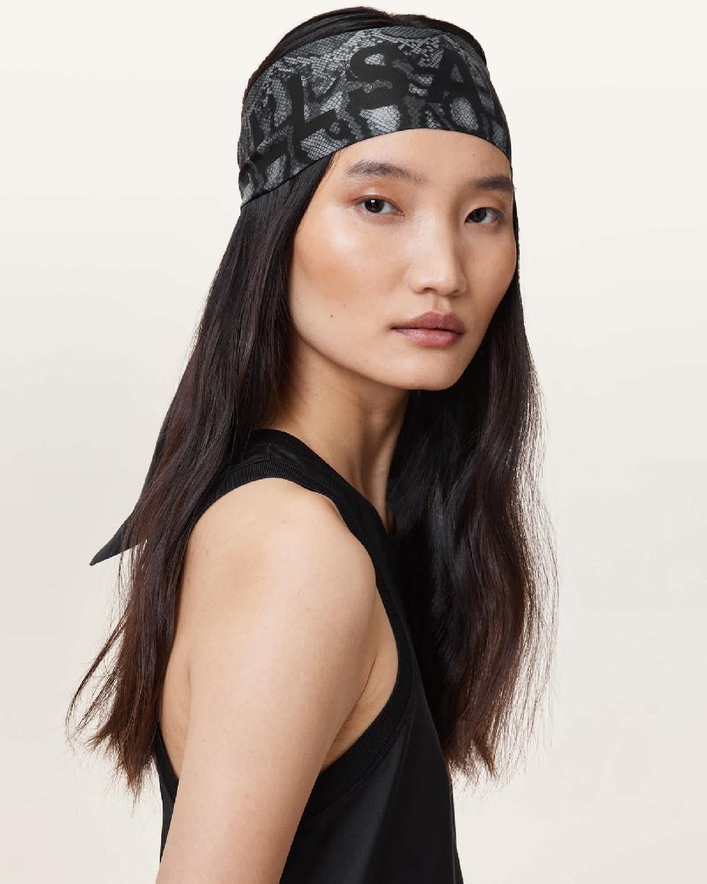 All Saints Flow Snake Print Logo Headscarf Slate Grey