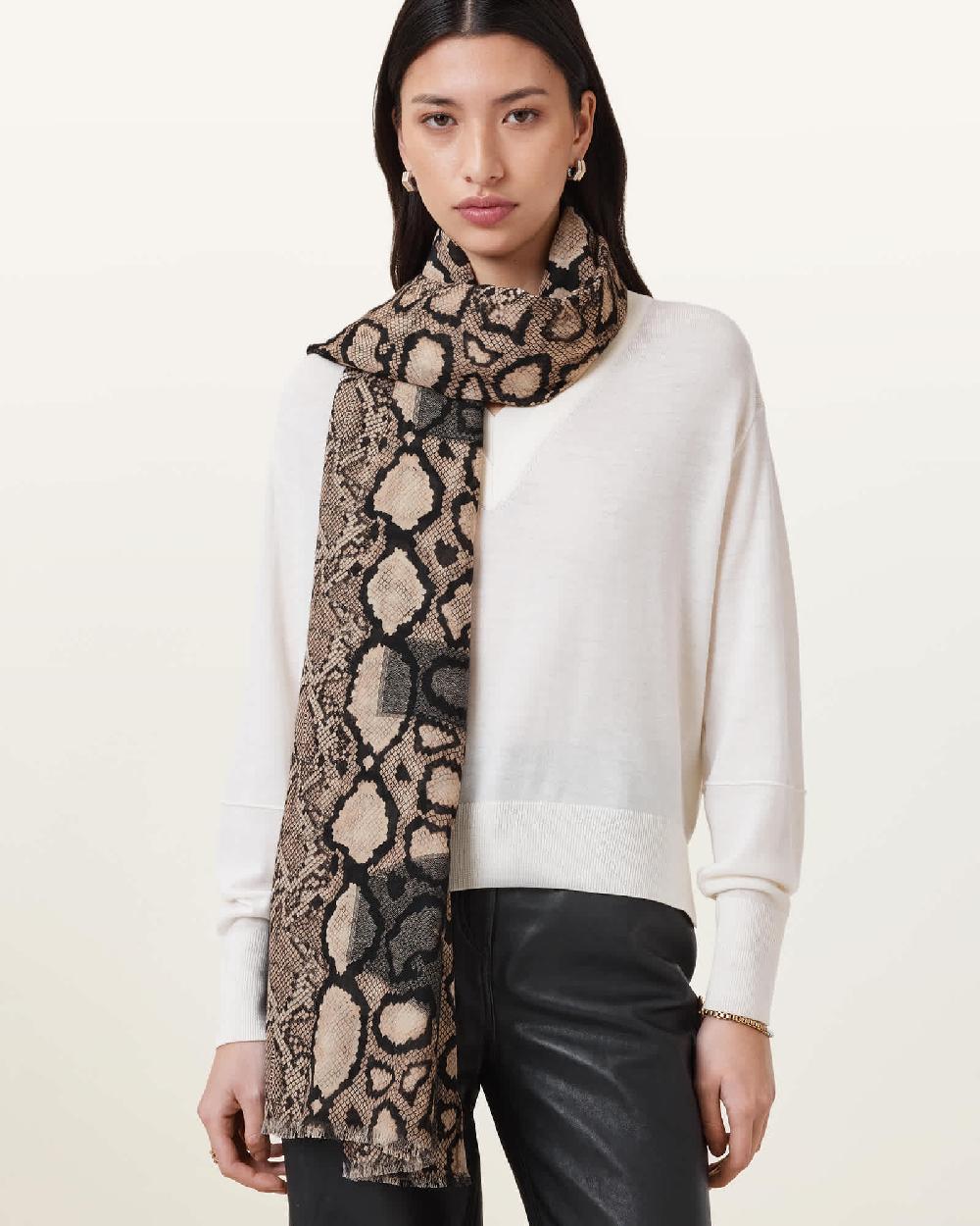 All Saints Flow Snake Print Logo Pareo Scarf Ecru White