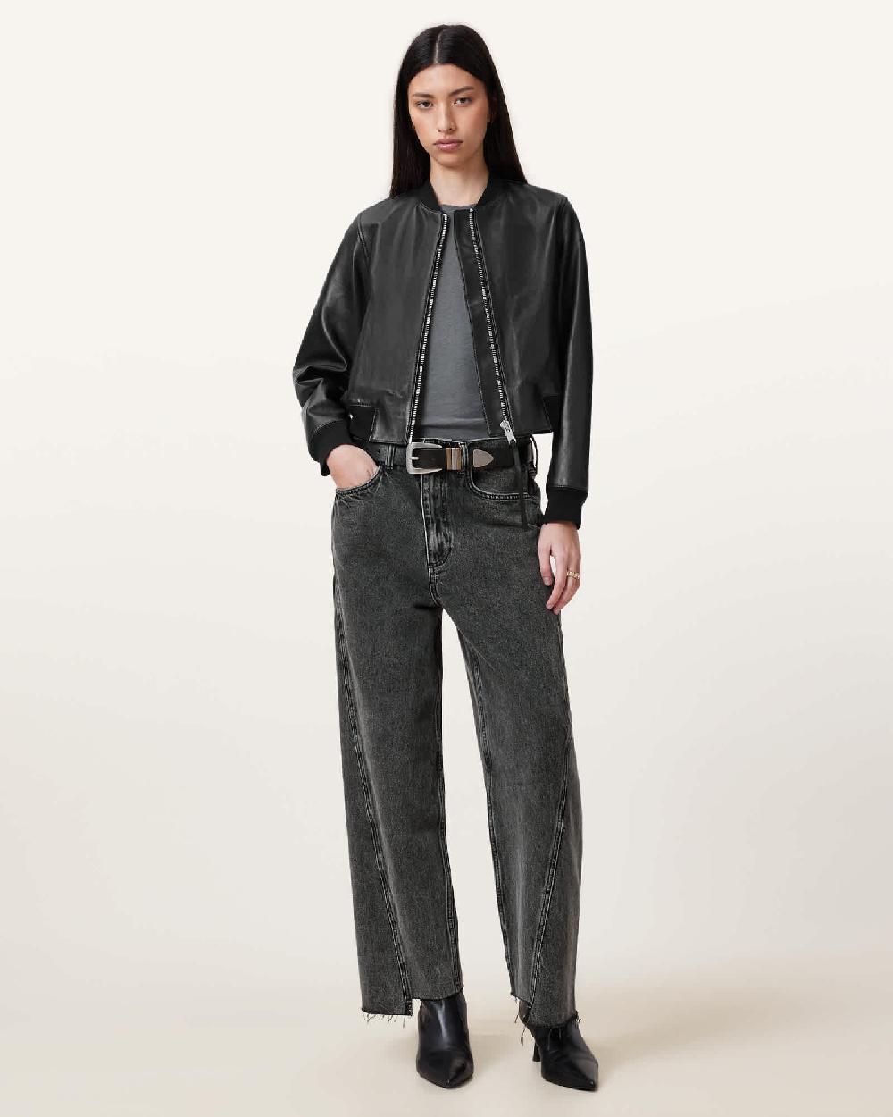 All Saints Fox Asymmetric Hem Wide Leg Denim Jeans Washed Black