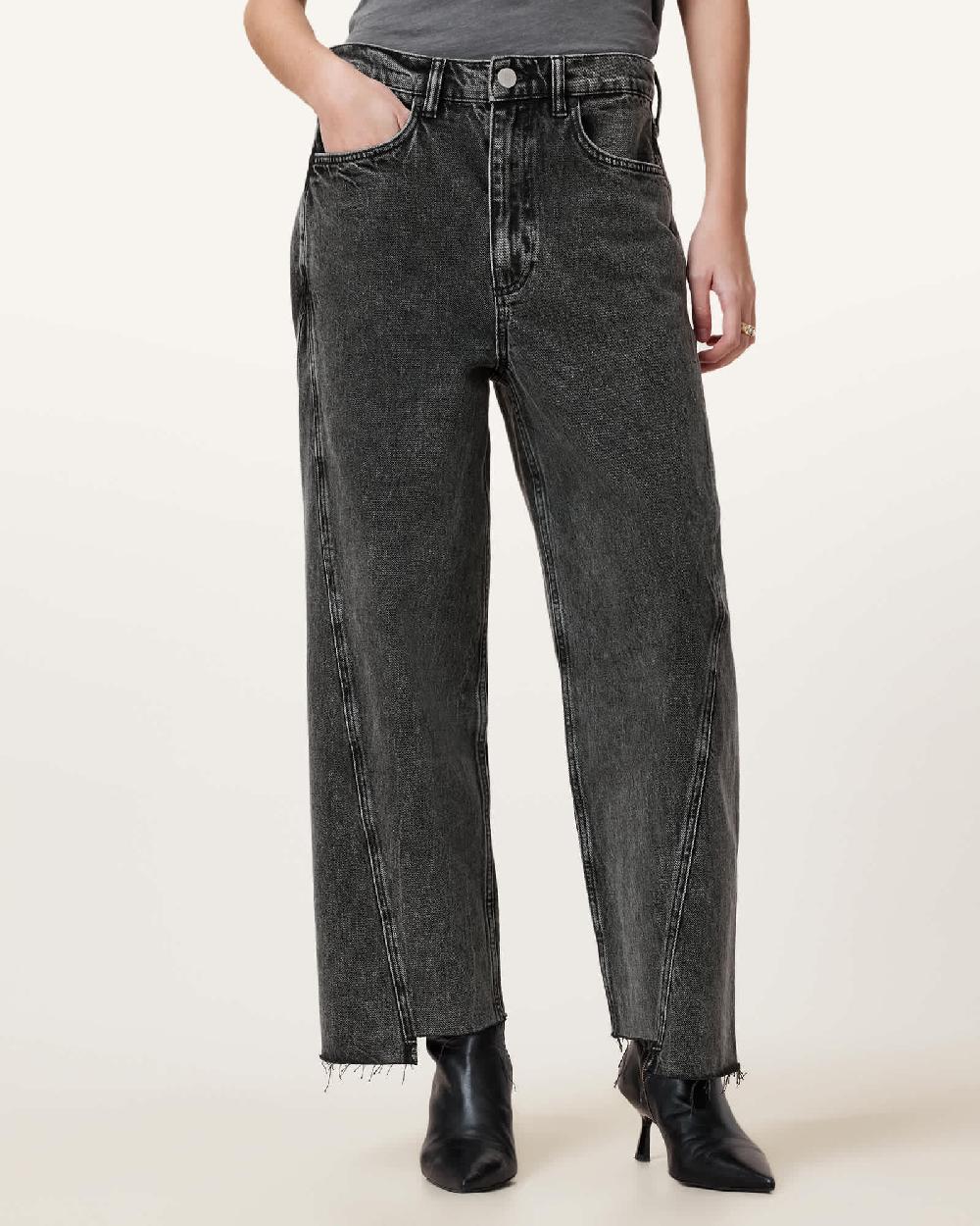 All Saints Fox Asymmetric Hem Wide Leg Denim Jeans Washed Black