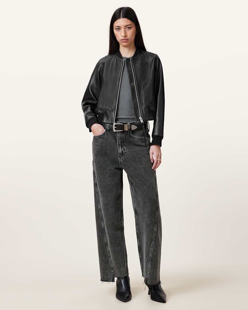 all saints Fox Asymmetric Hem Wide Leg Denim Jeans Washed Black