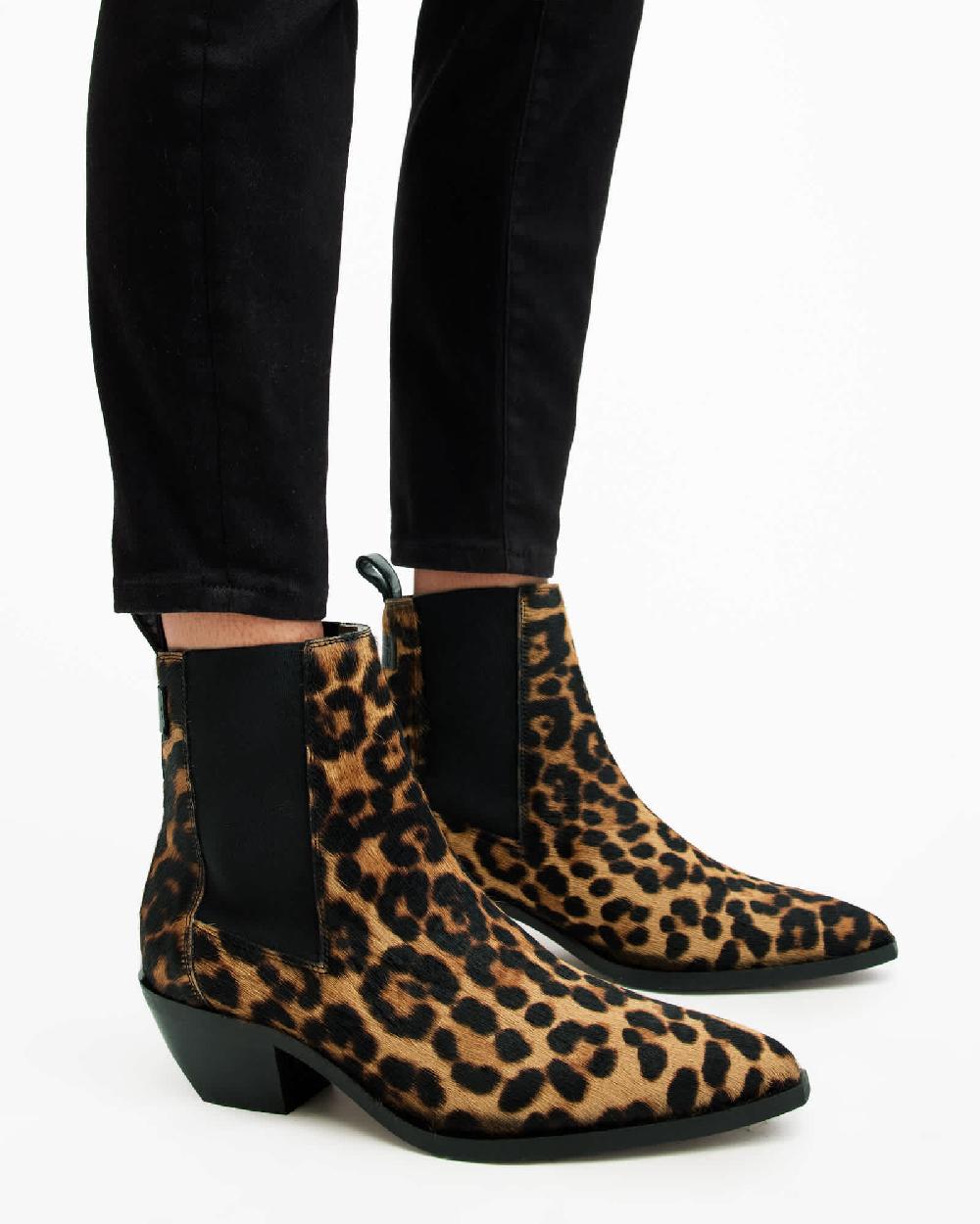 All Saints Fox Pointed Western Leather Boots Leopard Brown