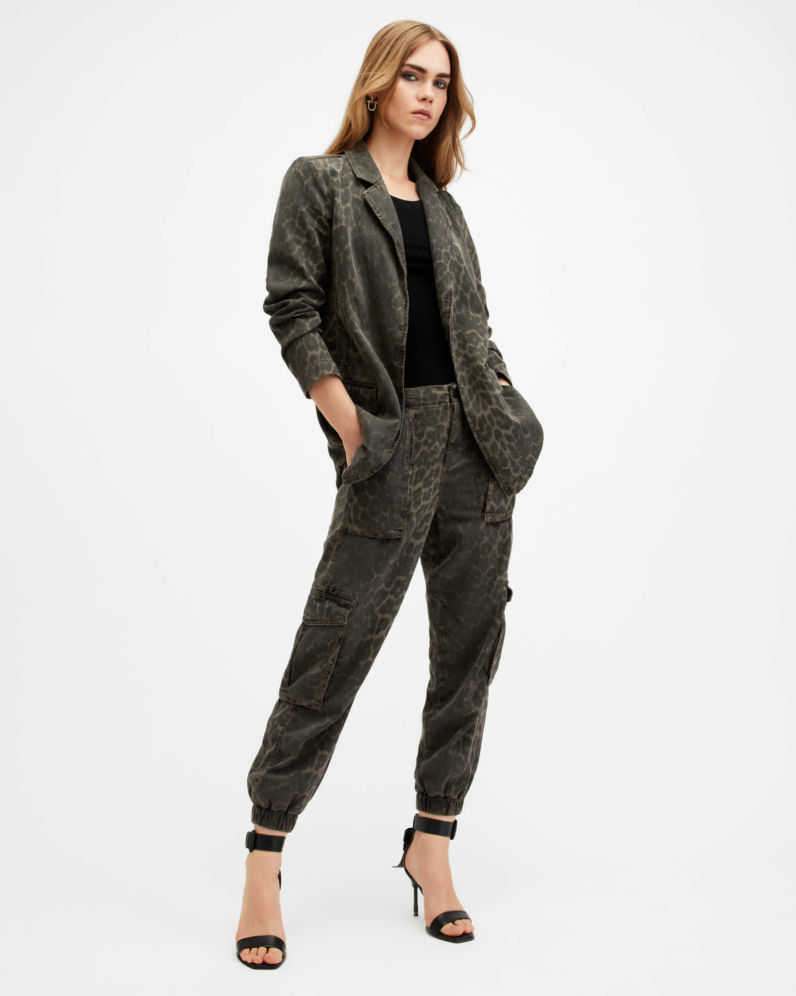 All Saints Freda Leopard Print Denim Cargo Trousers Leopard Green