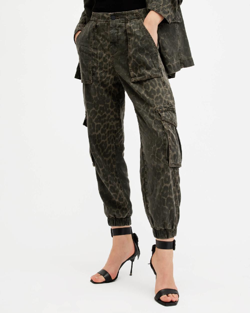 All Saints Freda Leopard Print Denim Cargo Trousers Leopard Green