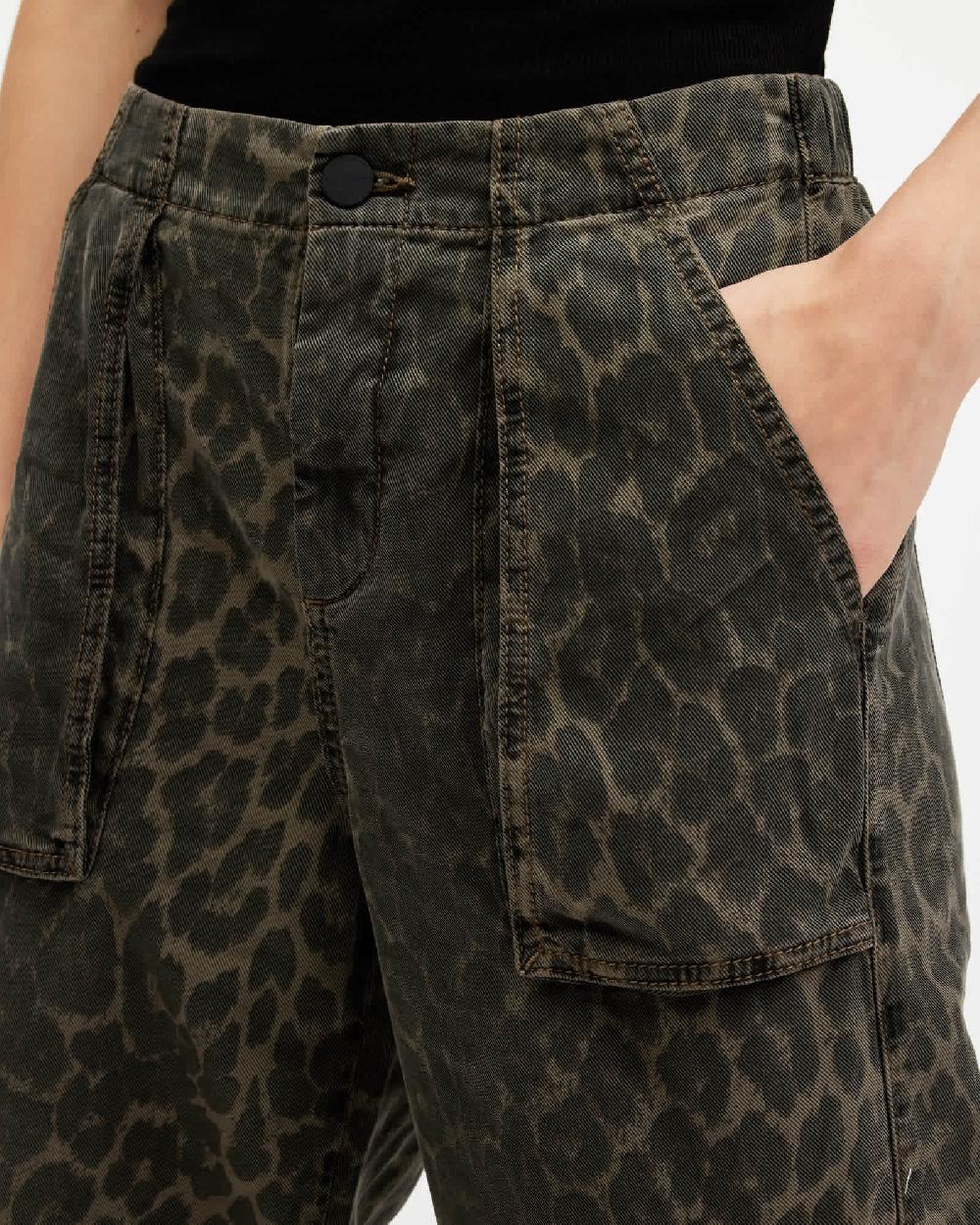 All Saints Freda Leopard Print Denim Cargo Trousers Leopard Green