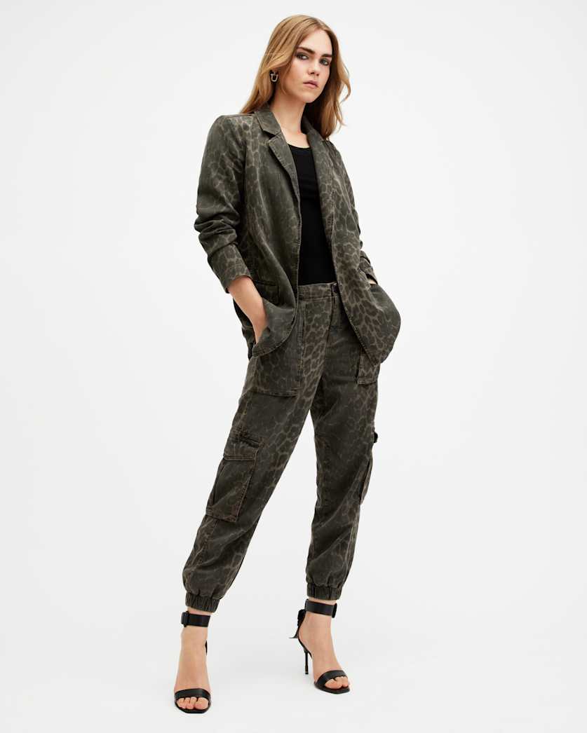 all saints Freda Leopard Print Denim Cargo Trousers Leopard Green
