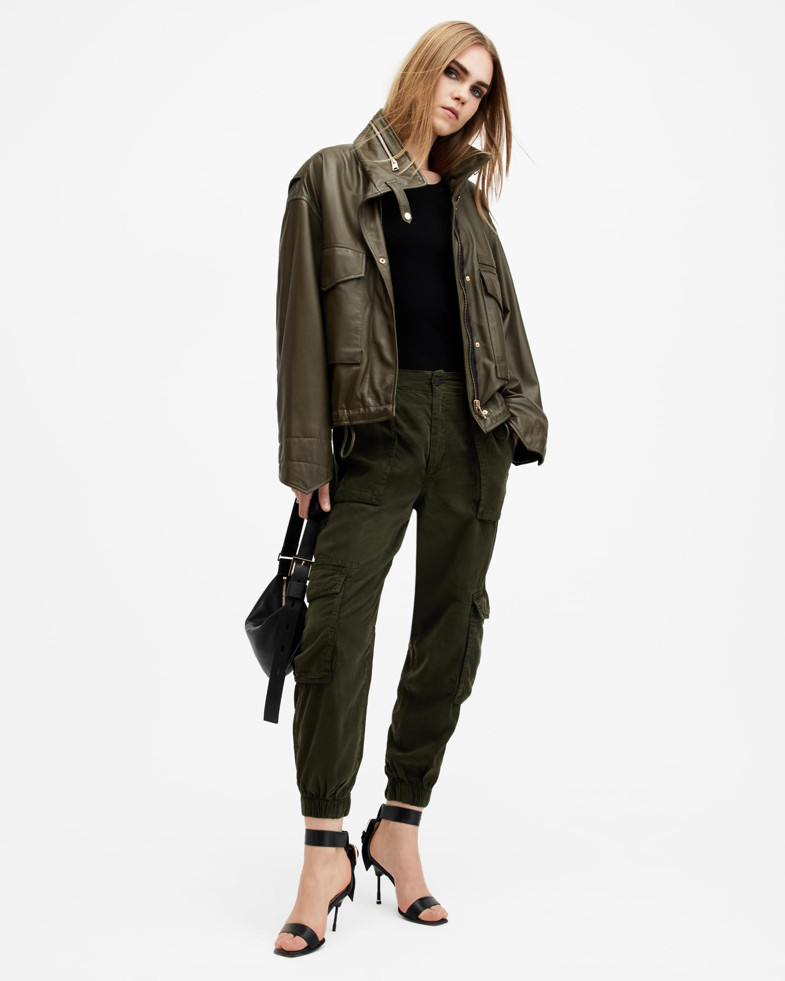 All Saints Freda Lightweight Denim Cargo Pants Khaki Green