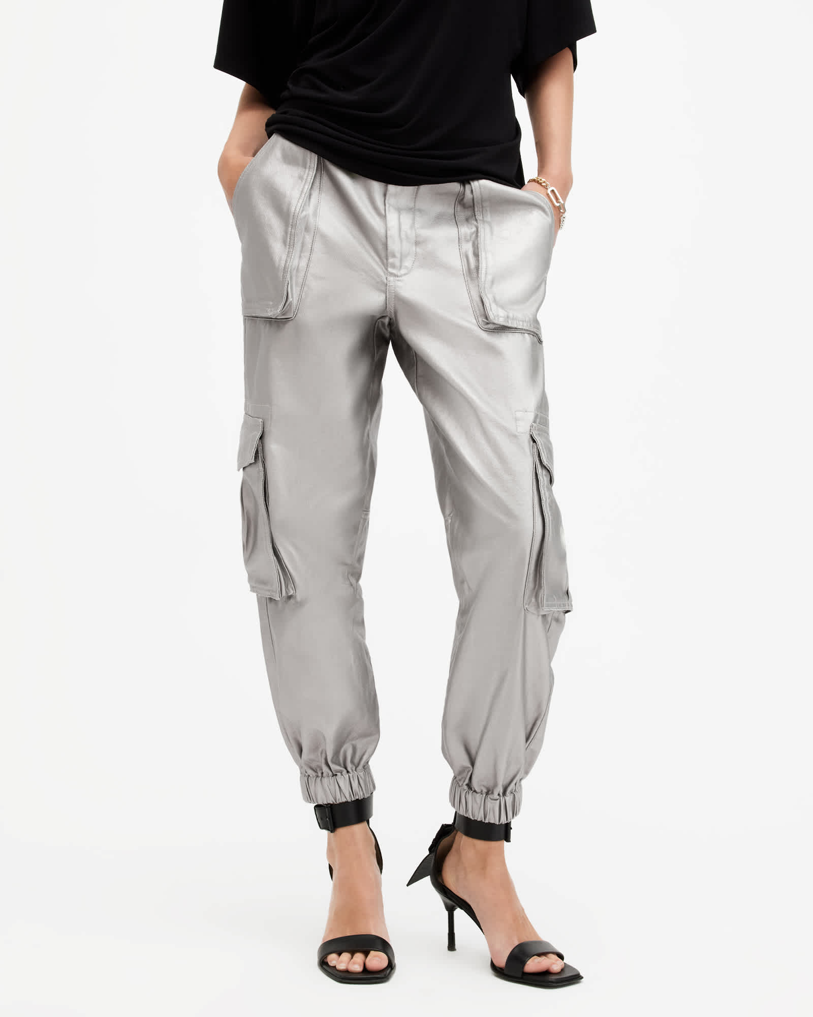 All Saints Freda Metallic Coated Cargo Pants Sage Green