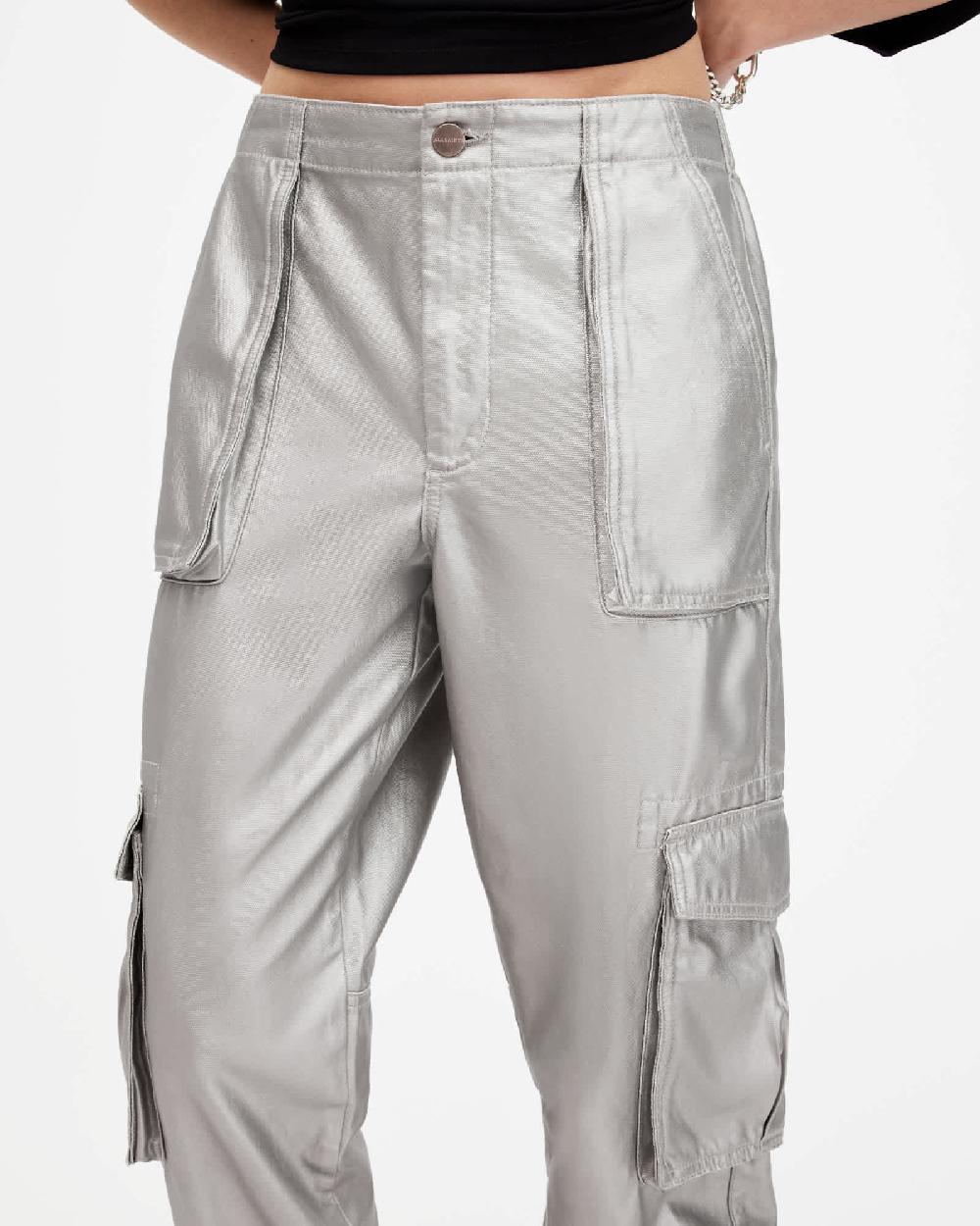 All Saints Freda Metallic Coated Cargo Pants Sage Green