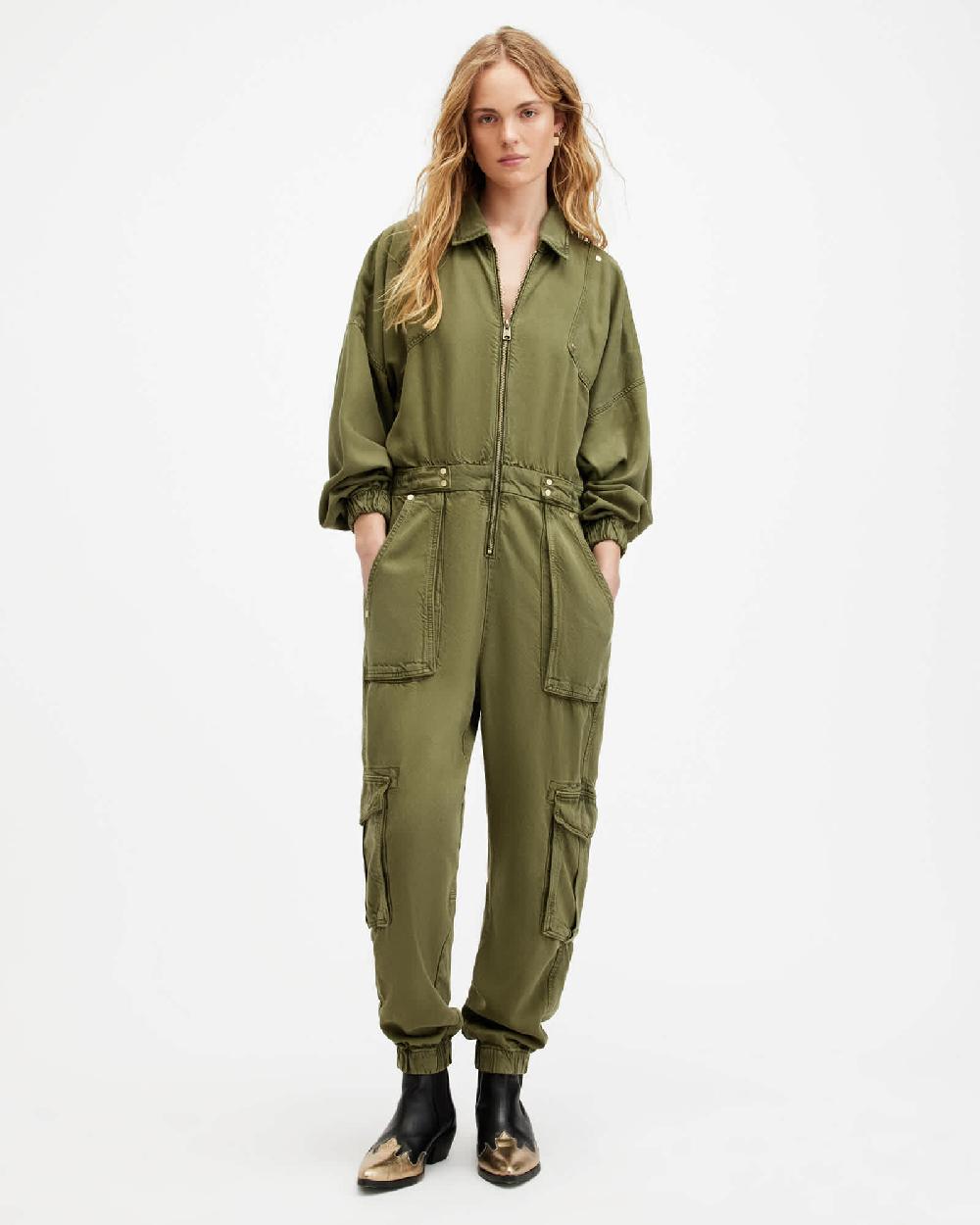 All Saints Freda Relaxed Fit Denim Jumpsuit Khaki Green