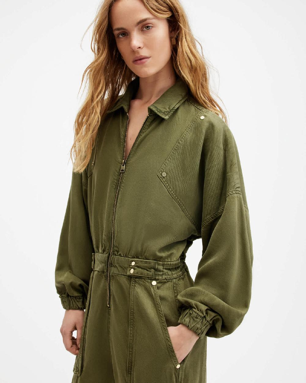All Saints Freda Relaxed Fit Denim Jumpsuit Khaki Green