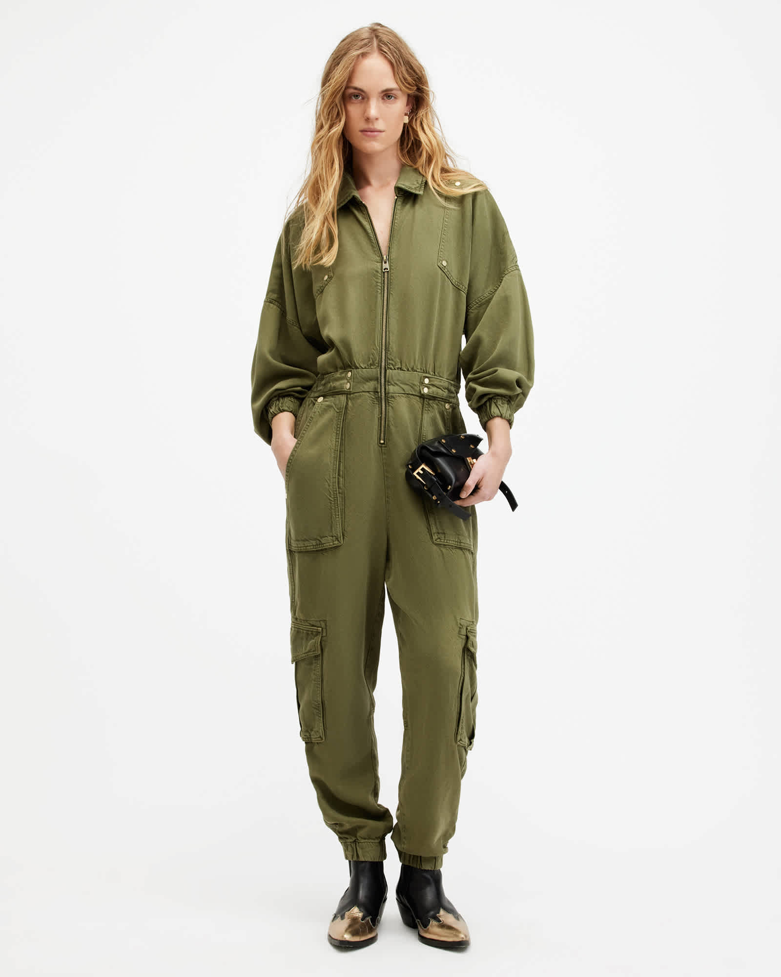 All Saints Freda Relaxed Fit Denim Jumpsuit Khaki Green
