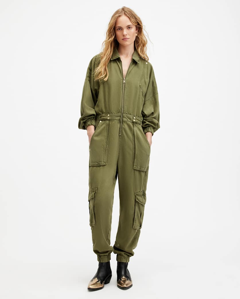 all saints Freda Relaxed Fit Denim Jumpsuit Khaki Green