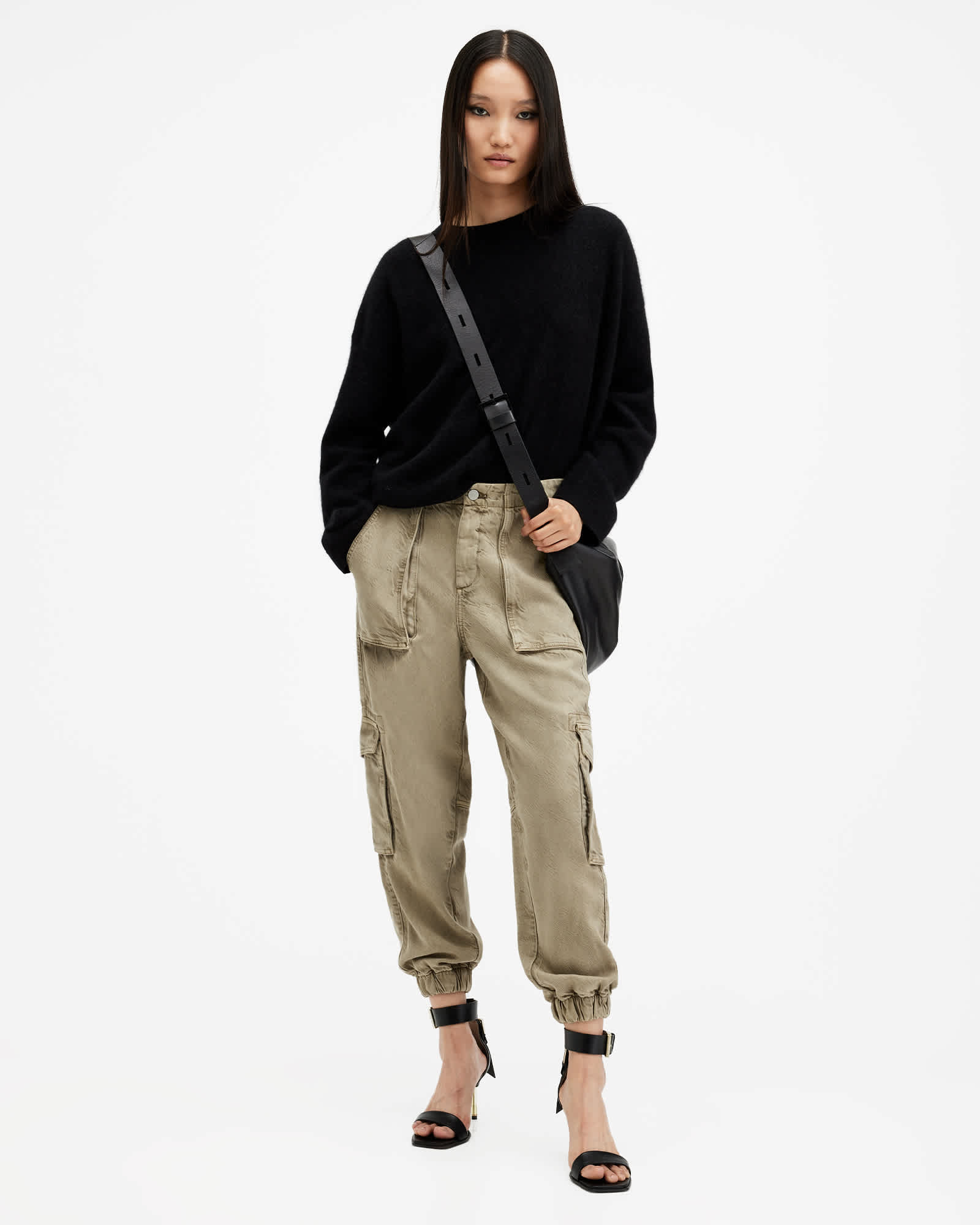 All Saints Frieda Tapered Denim Cargo Pants Deep Olive Green