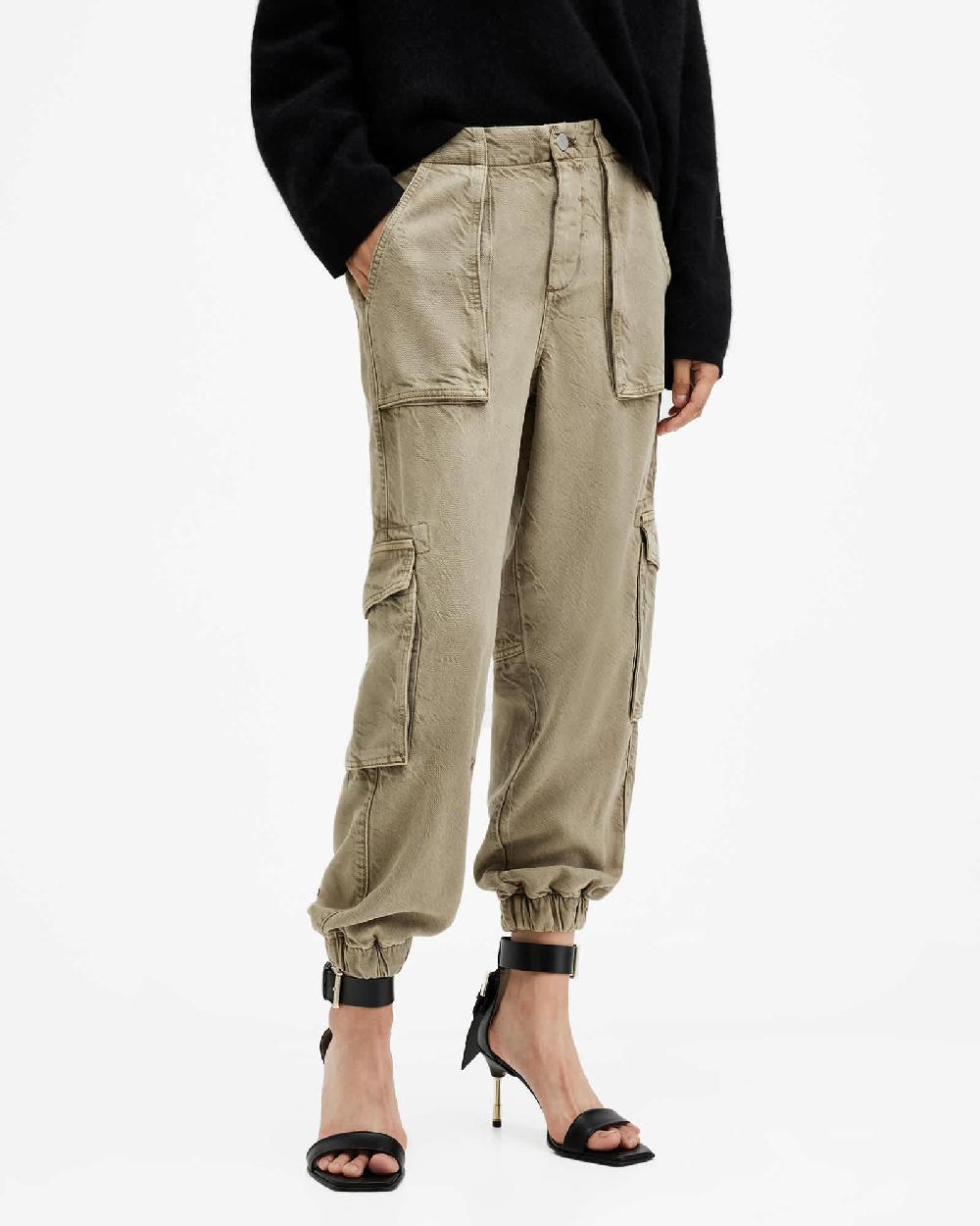 All Saints Frieda Tapered Denim Cargo Pants Deep Olive Green