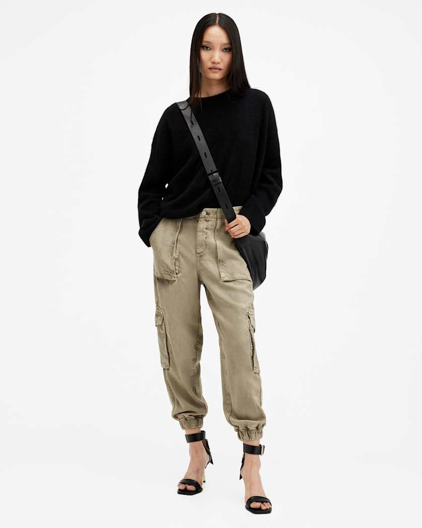 all saints Frieda Tapered Denim Cargo Pants Deep Olive Green