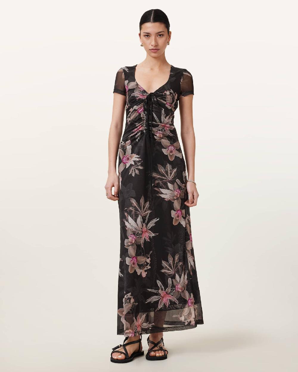 All Saints Gabby Floral Print Mesh Maxi Dress Adena Black