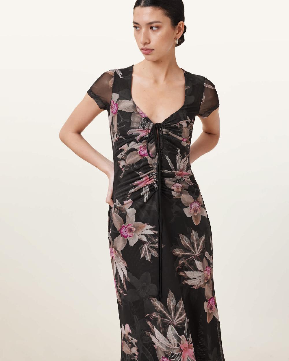 All Saints Gabby Floral Print Mesh Maxi Dress Adena Black