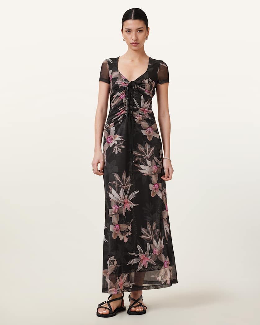 all saints Gabby Floral Print Mesh Maxi Dress Adena Black