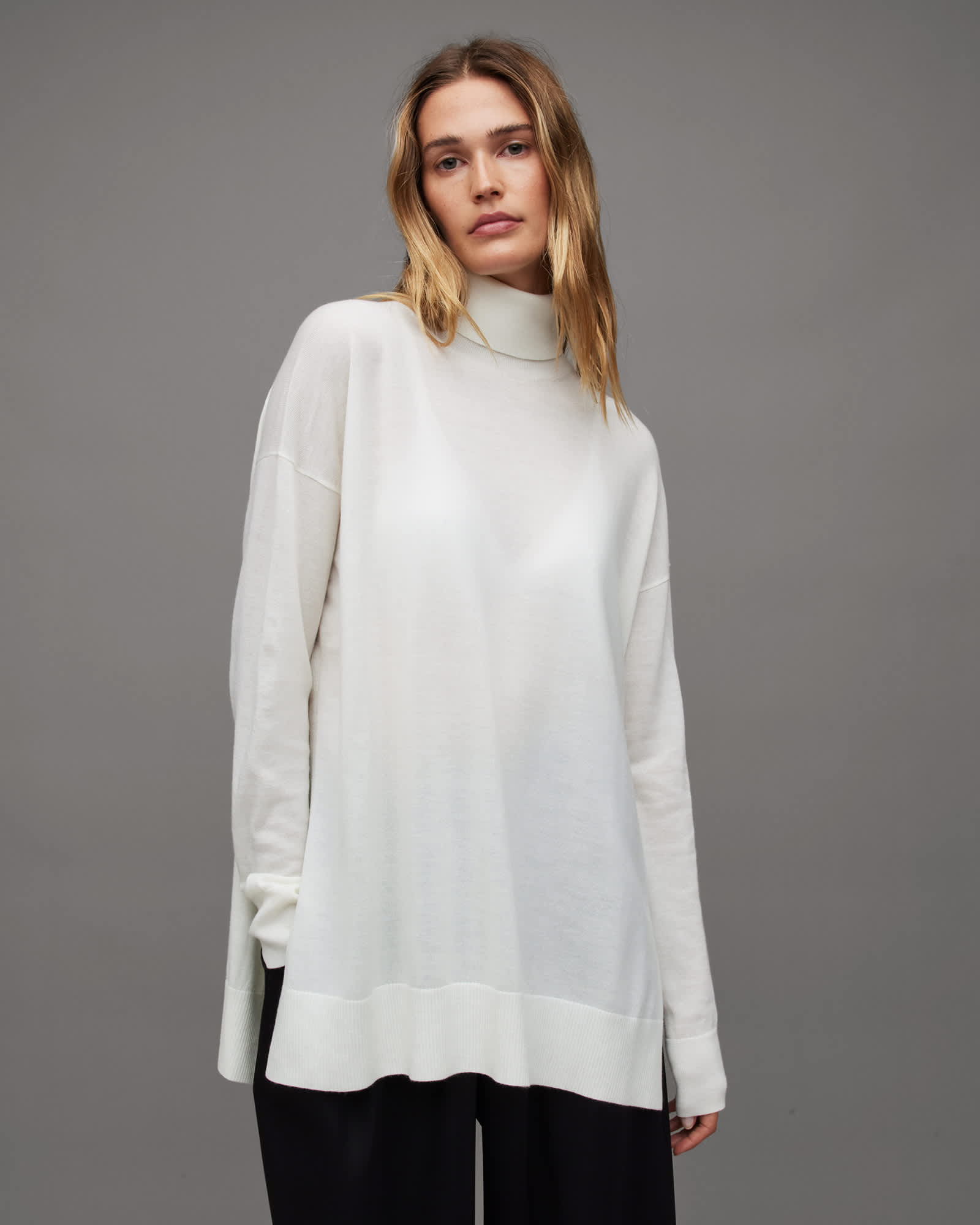 All Saints Gala Roll Neck Relaxed Merino Sweater Chalk White