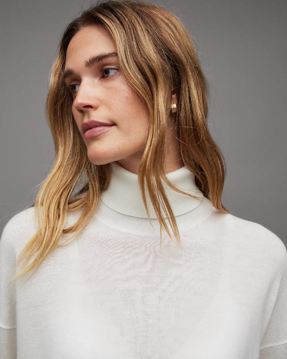 All Saints Gala Roll Neck Relaxed Merino Sweater Chalk White