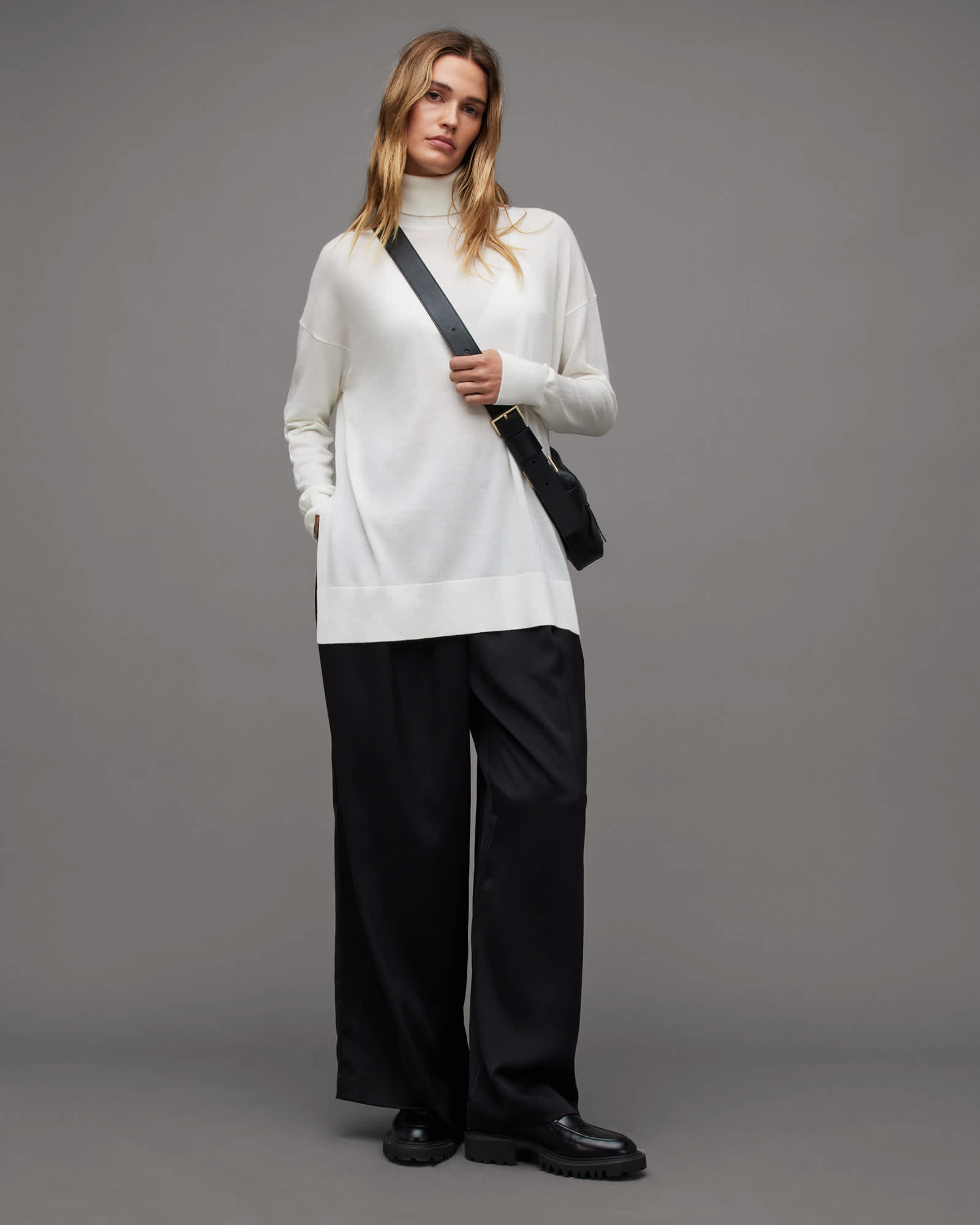 All Saints Gala Roll Neck Relaxed Merino Sweater Chalk White