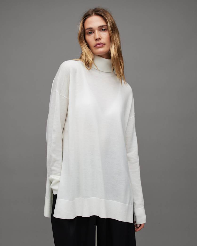 all saints Gala Roll Neck Relaxed Merino Sweater Chalk White